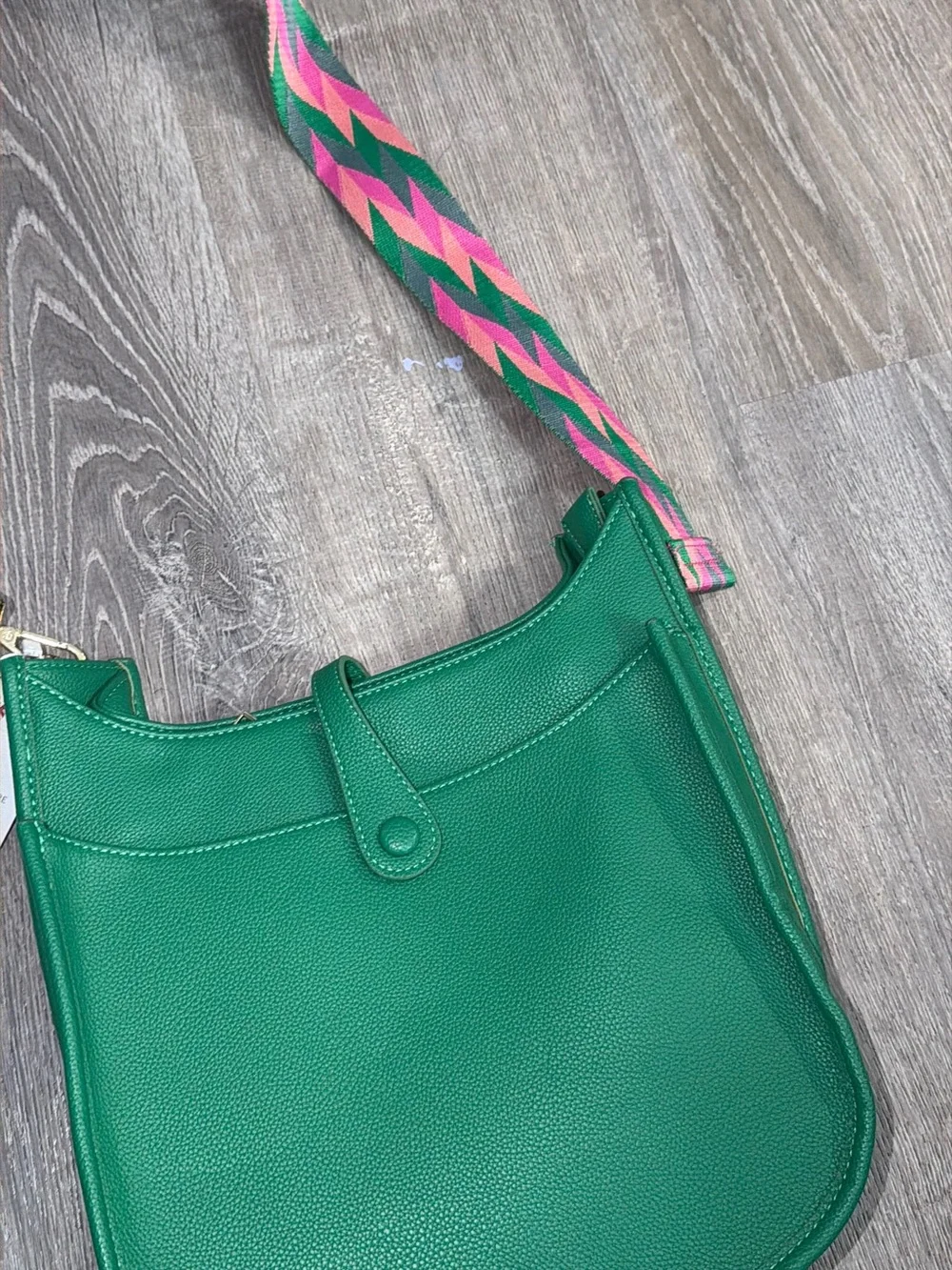 Vibrant Green Crossbody Bag with Multicolor Woven Strap